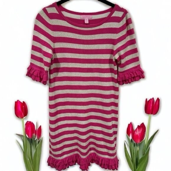 Lilly Pulitzer Pink and Tinsel Striped Ruffle Sleeve Dress Girl’s Size XL(12-14) - Picture 1 of 11
